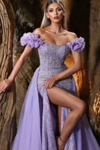 Lavender Off the Shoulder Sleeveless Split Long Prom Dress With Beadings