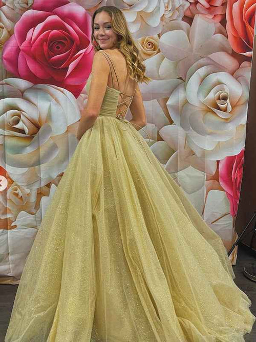 Champagne A Line Spaghetti Straps V Neck Tulle Long Prom Dress BMBRIDE