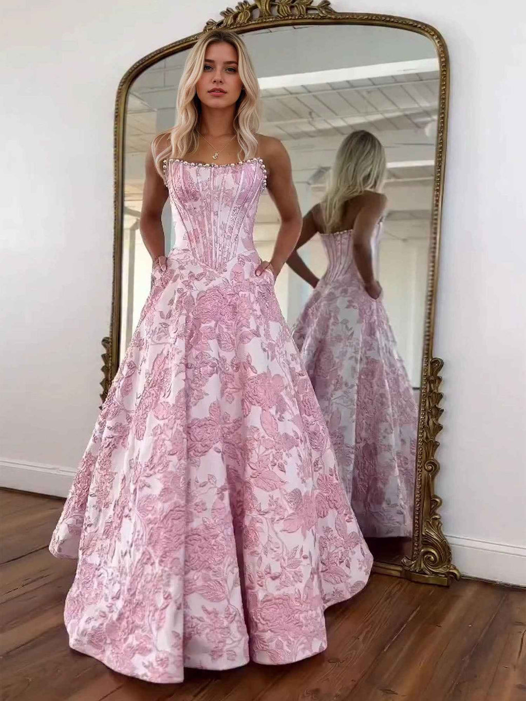 Prom Dresses 3D Floral Strapless Evening Party Dresses with Bead