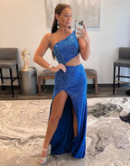 Chic One Shoulder Royal Blue Prom Dress with Split BM bride