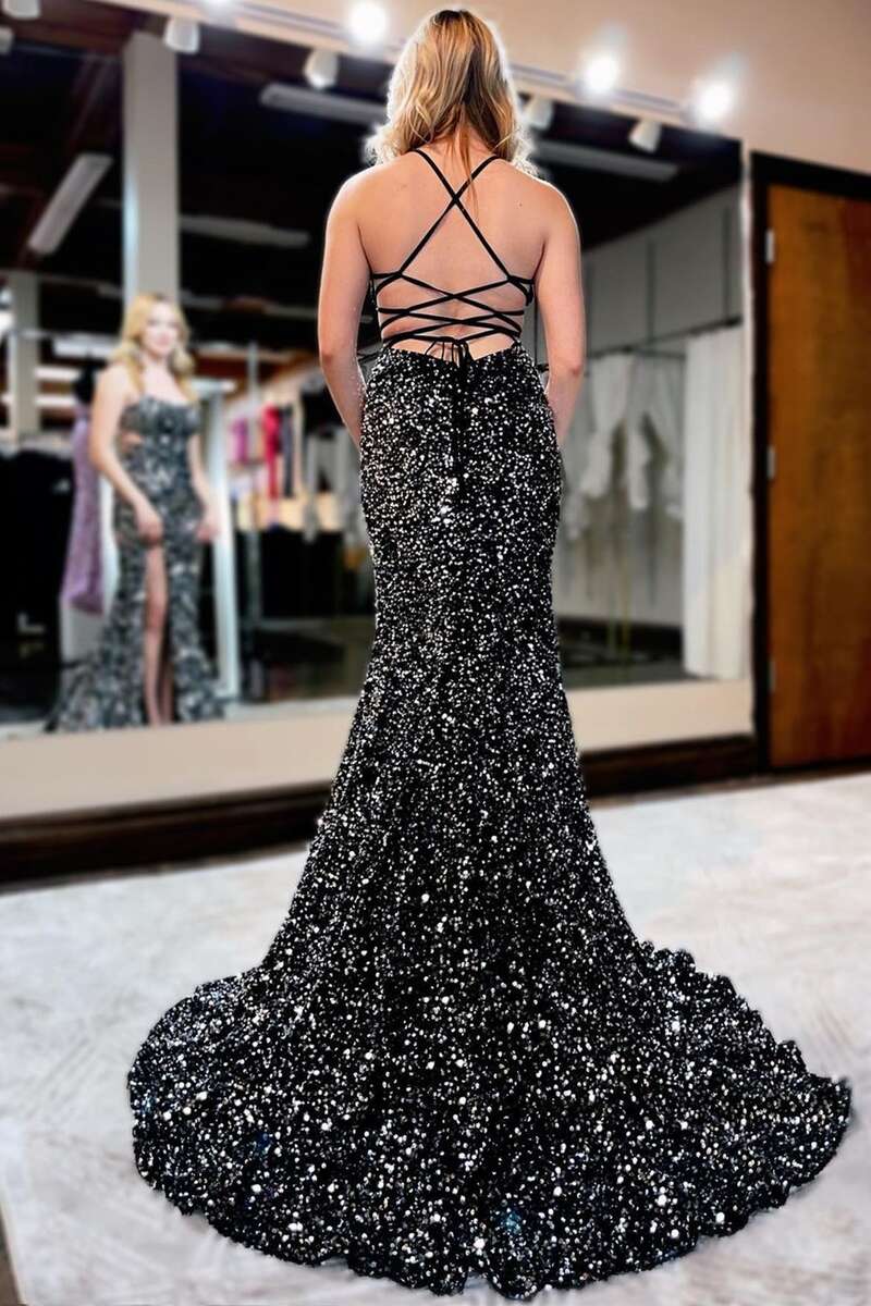 Dazzling Sequin Lace-Up Back Mermaid Long Prom Gown with Slit BM bride