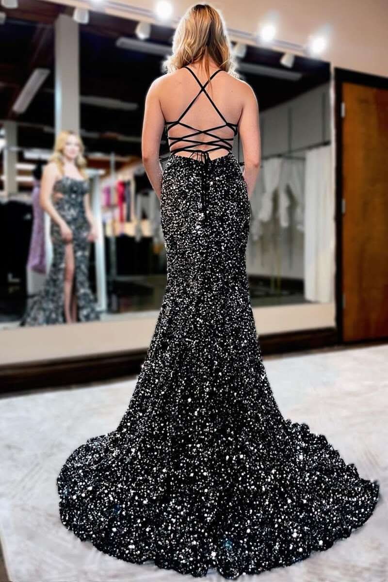 Dazzling Sequin Lace-Up Back Mermaid Long Prom Gown with Slit BM bride