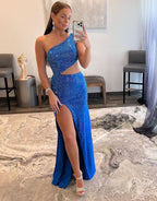 Chic One Shoulder Royal Blue Prom Dress with Split BM bride