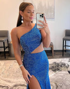 Chic One Shoulder Royal Blue Prom Dress with Split BM bride