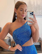 Chic One Shoulder Royal Blue Prom Dress with Split BM bride