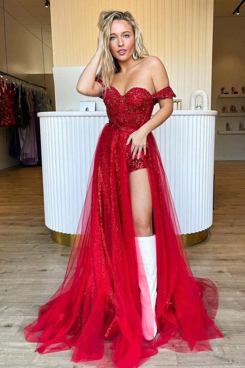 Dazzling Sparkly Two-Piece Off-the-Shoulder Red Sequins Long Prom Dress BM bride