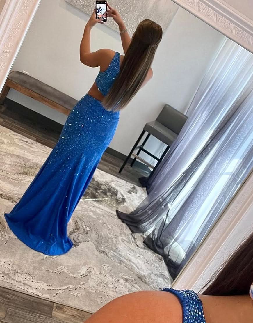Chic One Shoulder Royal Blue Prom Dress with Split BM bride