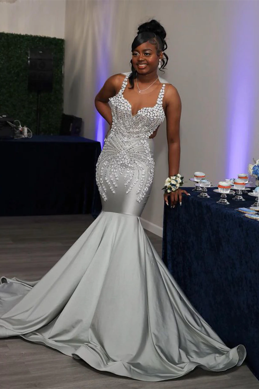 Grey Sweetheart Sequins Evening Dress Sleeveless with Beadings BM bride