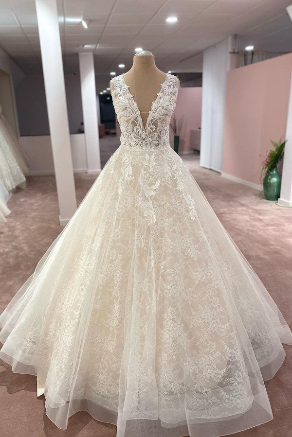 Modest Deep V-Neck Wide Strap A-Line Floor-Length Wedding Dress with Tulle Lace Appliques BM bride