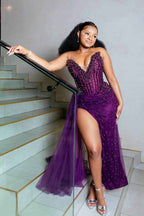 Sleeveless Strapless Mermaid Long Prom Dress With Beading Split
