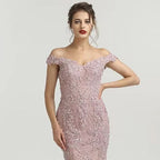 Elegant Dusty Pink Sequin Appliques Prom Dress, Mermaid V-Neck with Beads BM bride