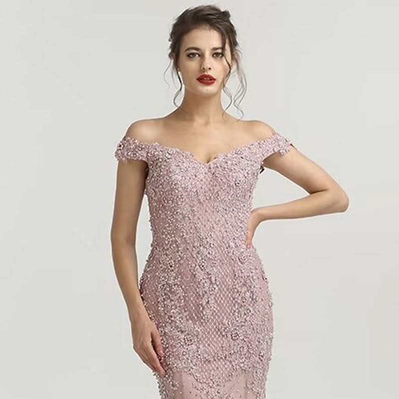 Elegant Dusty Pink Sequin Appliques Prom Dress, Mermaid V-Neck with Beads BM bride