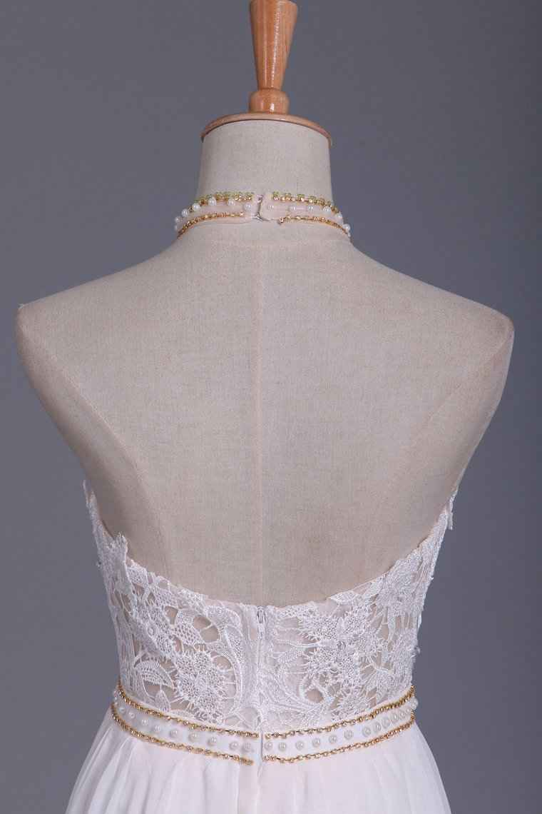 Halter Backless Chiffon A-Line Wedding Dress with Ruffles and Pearl Lace BM bride
