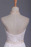 Halter Backless Chiffon A-Line Wedding Dress with Ruffles and Pearl Lace BM bride