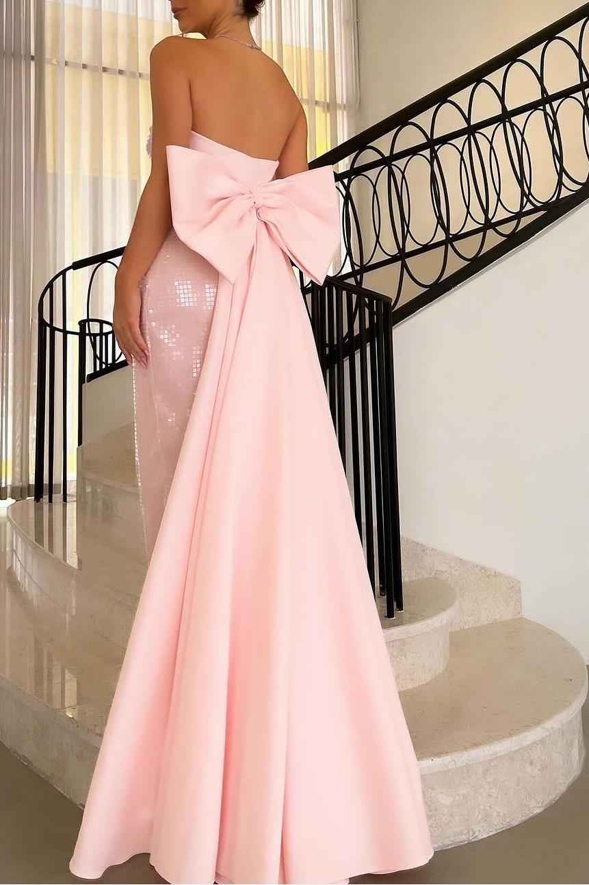 Charming Pink Sequins Sleeveless Strapless Prom Dress With Bowknot
