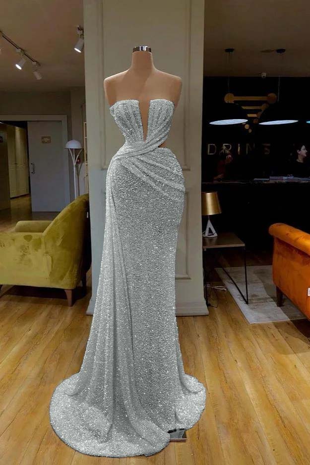 Sequins Sleeveless Gorgeous White Strapless Prom Dress With Pleated Online BMBRIDE