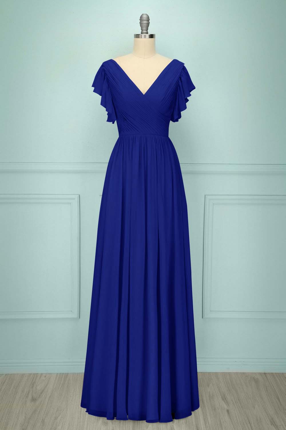 Chiffon V Neck Sleeveless Long Prom Dress With Pleated Ruffle