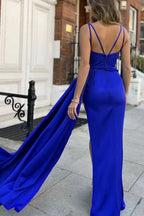 Royal Blue Strapped Deep V-Neck Mermaid Prom Dress with Split and Ruffles BM bride