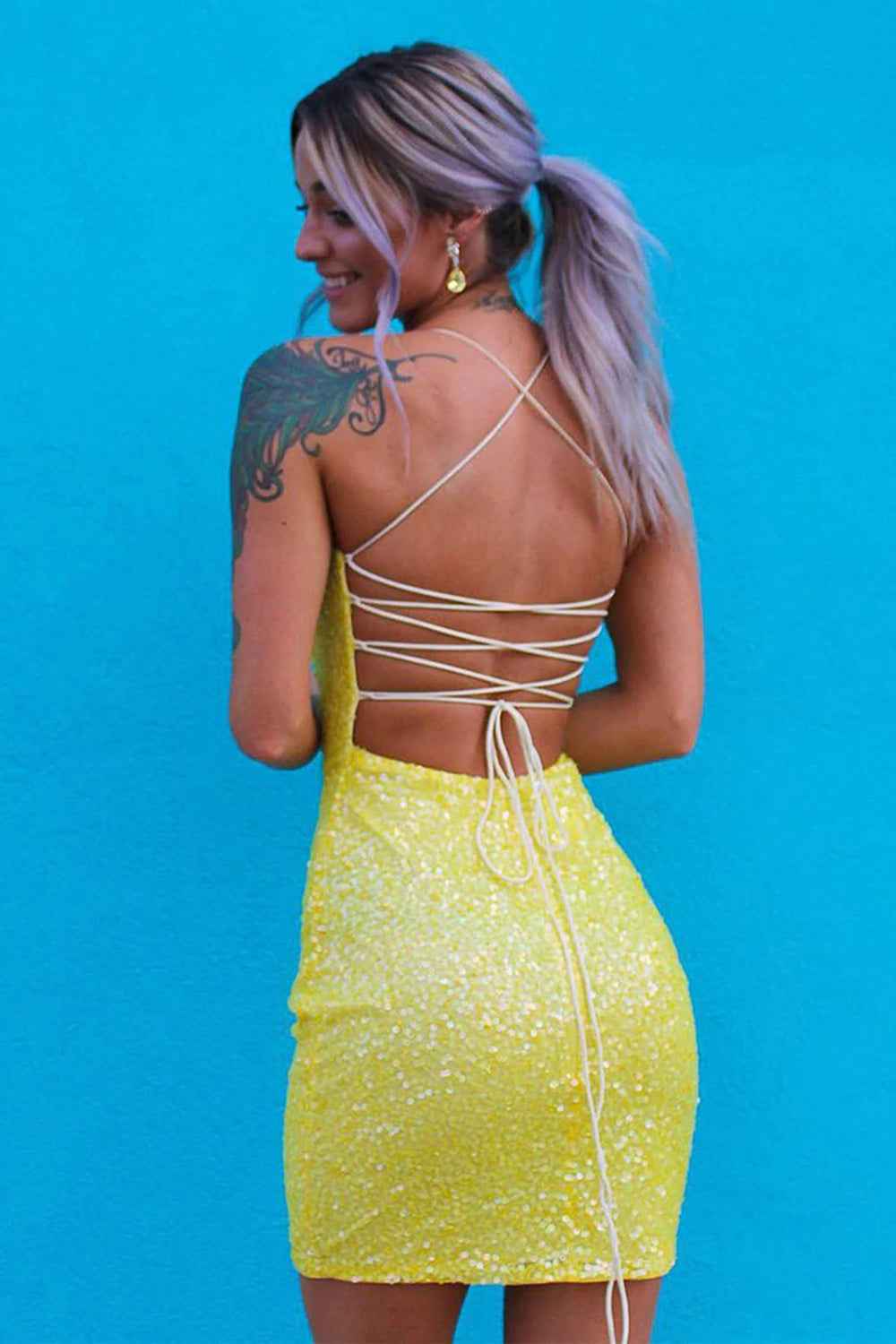 Sparkly Pink Tight Yellow Sequins Homecoming Dress Bmbride