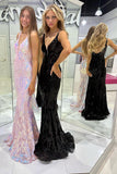 Dazzling Mermaid V Neck Sequined Lace Long Prom Dress BM bride