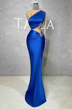 Royal Blue One Shoulder Long Sleeve Mermaid Evening Dress With Sequins