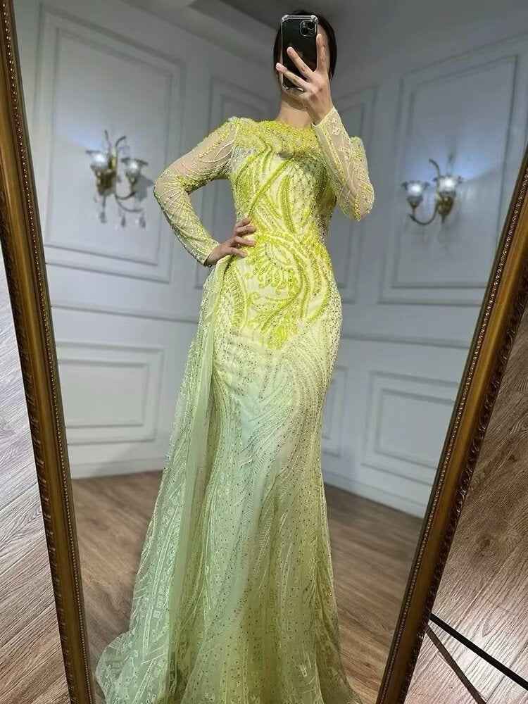 Retro Jewel Long Sleeves Embroidery Princess Mermaid Prom Dress