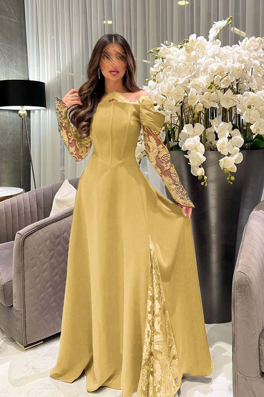 White Off the Shoulder Long Sleeves Long Prom Dress With Appliques BMBRIDE