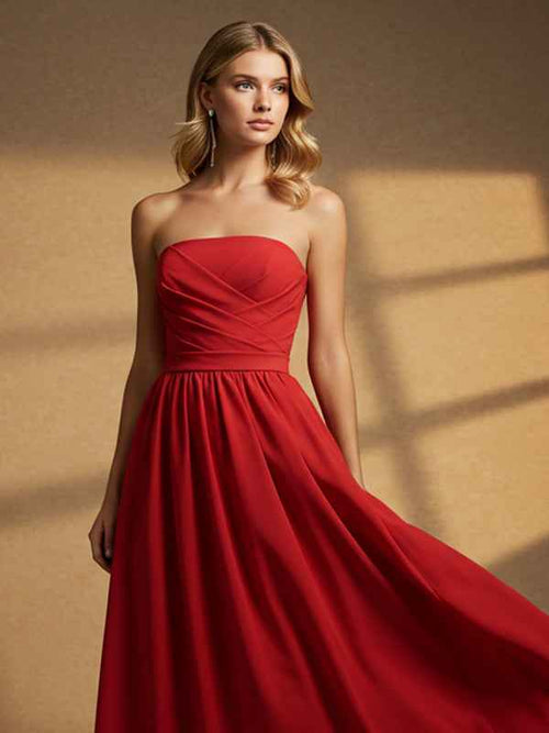 Elegant Formal Red Maxi Prom Dress Off The Shoulder Strapless Evening Gown BMBRIDE