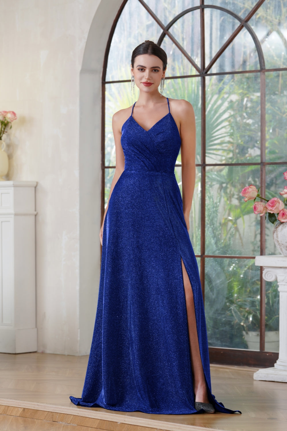 Halter Shiny Silk Long Prom Dress V-Neck Pleated Side Slit Party Dress with Pocket BMbride