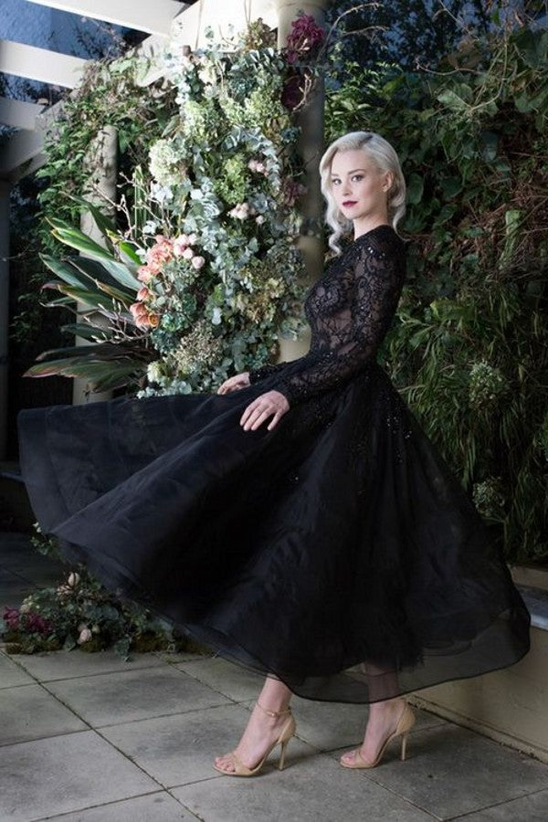 Black Bateau Long Sleeve Tea-Length Wedding Dress with Lace Appliques BM bride