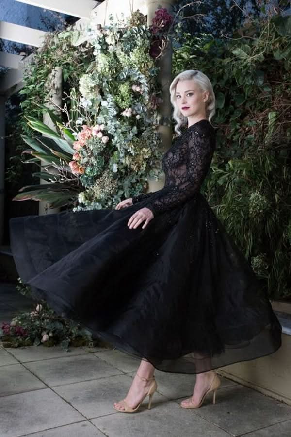 Black Bateau Long Sleeve Tea-Length Wedding Dress with Lace Appliques BM bride