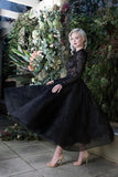 Black Bateau Long Sleeve Tea-Length Wedding Dress with Lace Appliques BM bride