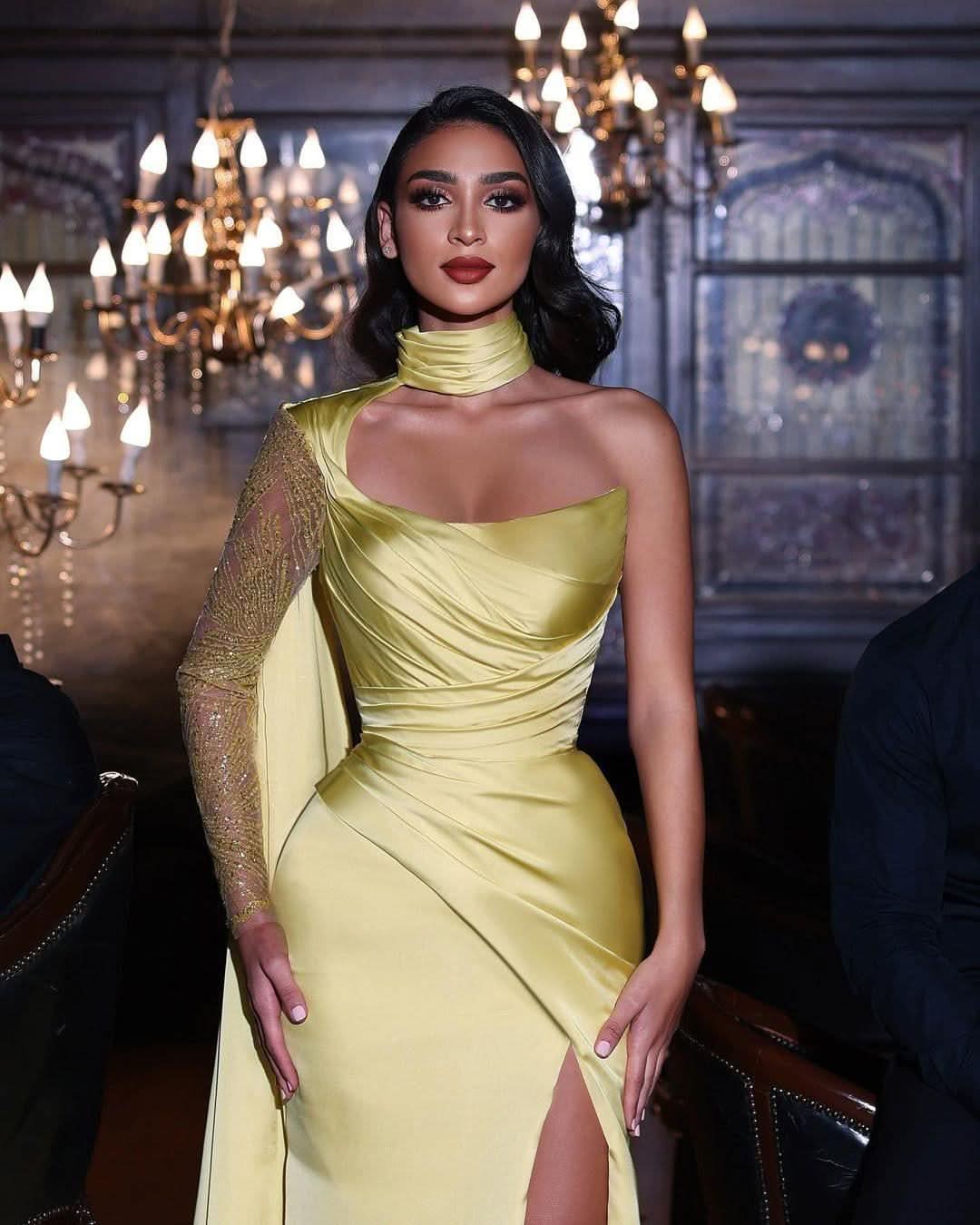 Yellow One Shoulder Halter Pleated High Split Prom Dress BM bride