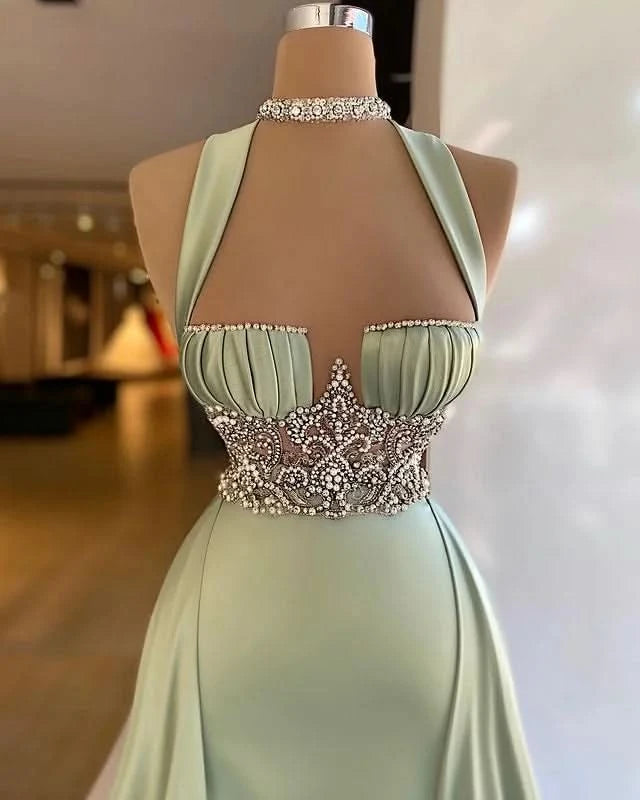 Elegant Halter Green Beaded A-Line Mermaid Prom Dress BM bride