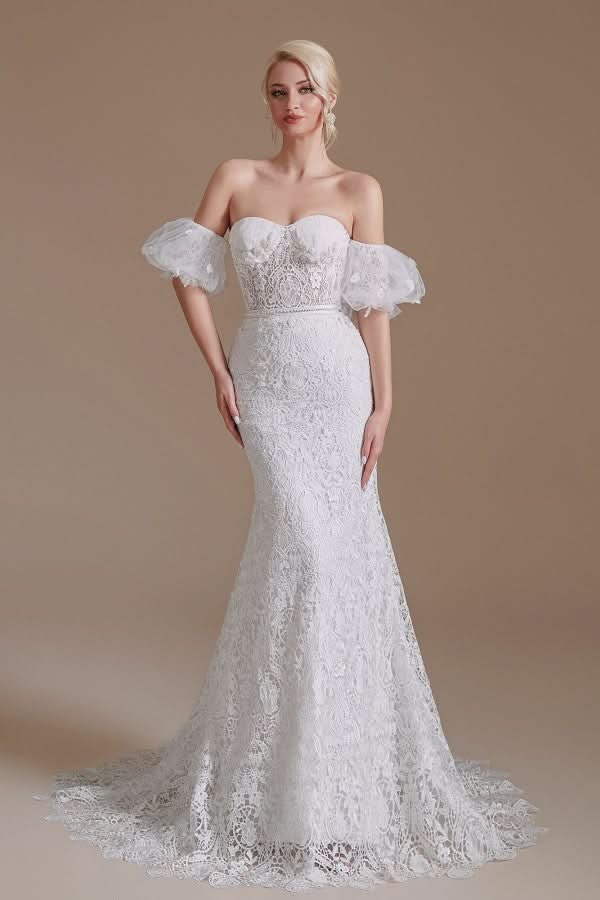 Long Mermaid Sweetheart Lace Wedding Dress with Detachable Sleeves BM bride