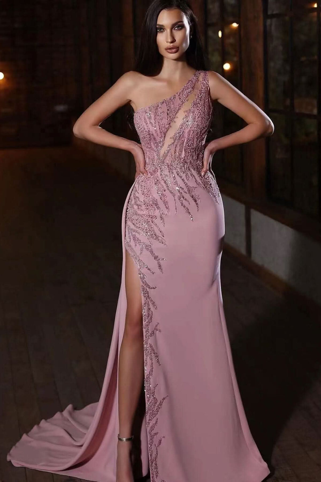 Elegant One-Shoulder Applique Mermaid Prom Dress with Split BM bride