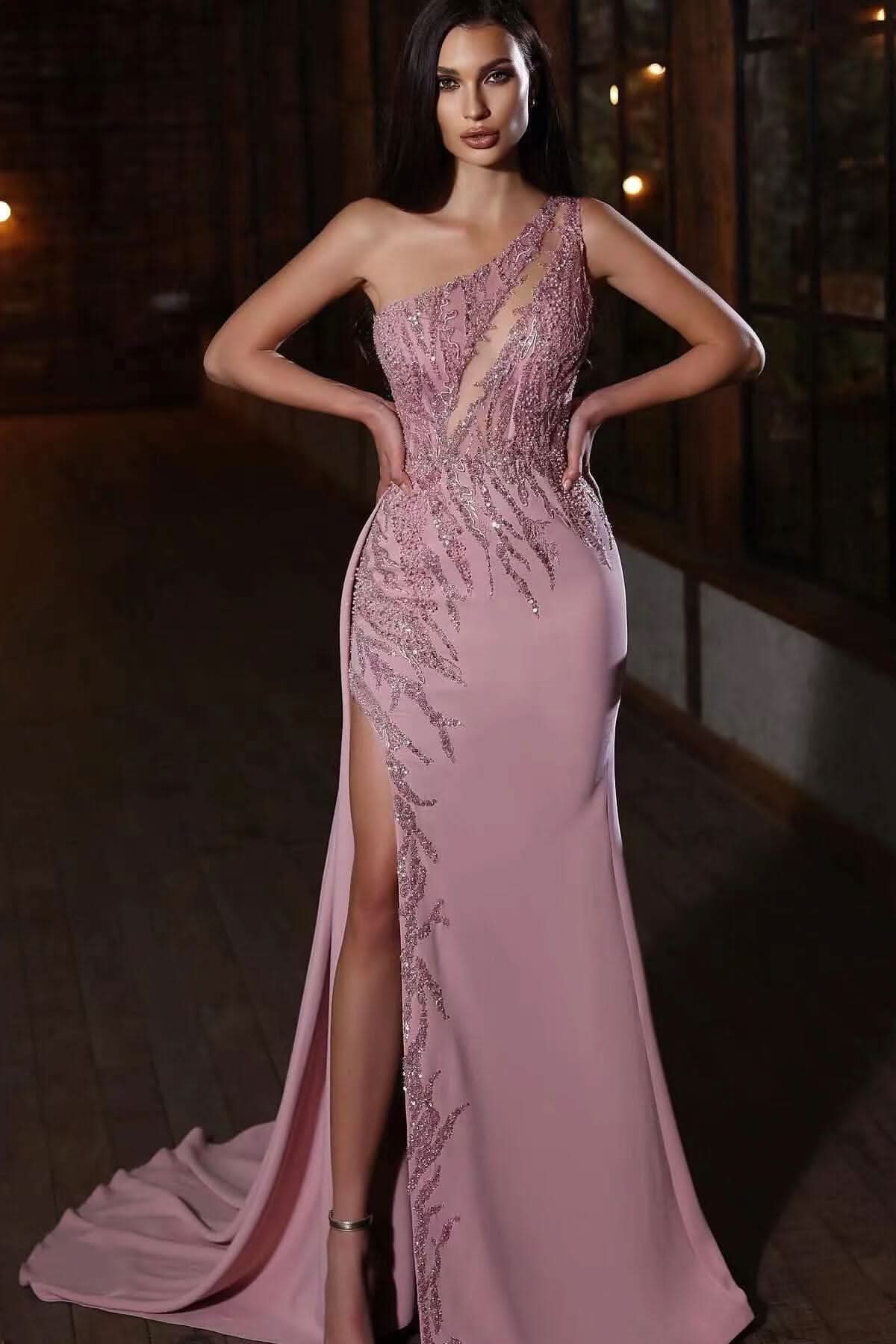 Elegant One-Shoulder Applique Mermaid Prom Dress with Split BM bride