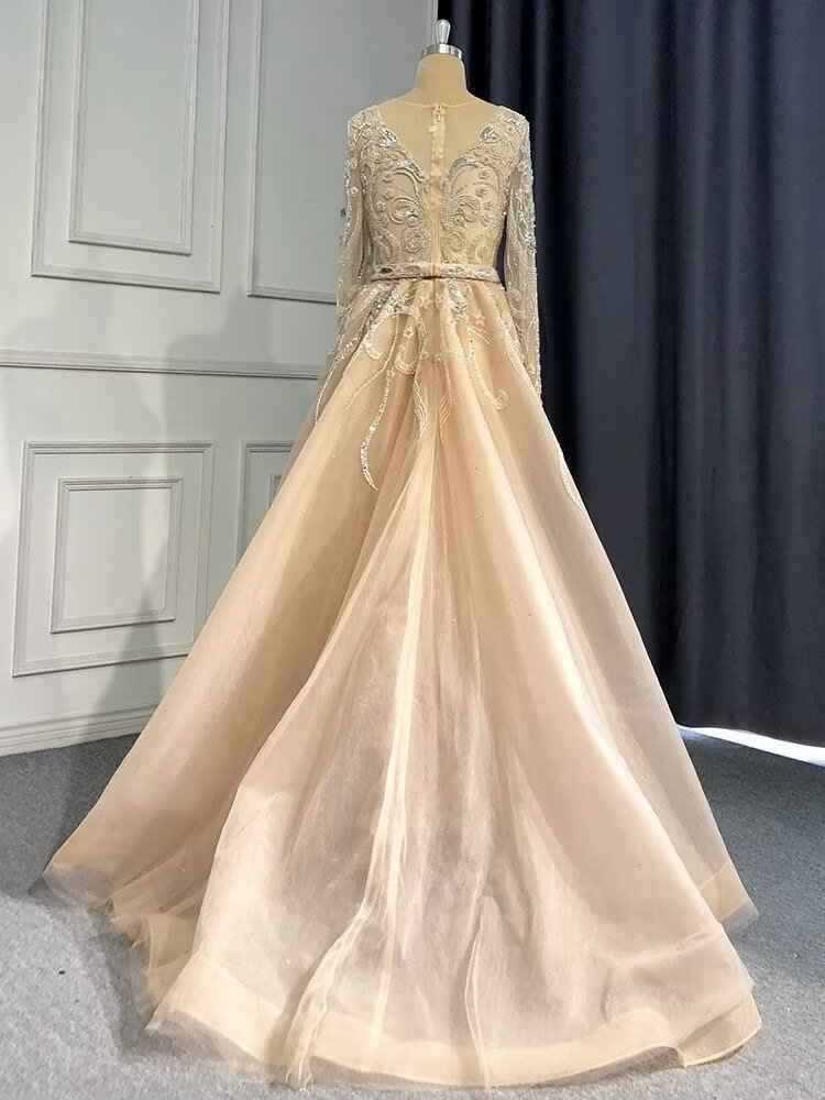 Elegant Champagne Gold Long Sleeves Bead Embroidery Long Prom Dress