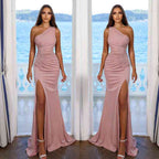 Simple Pink One Shoulder Sleeveless Pleated Prom Dress With Split