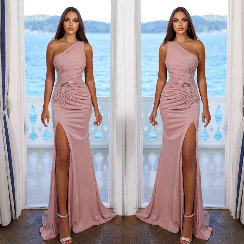 Simple Pink One Shoulder Sleeveless Pleated Prom Dress With Split
