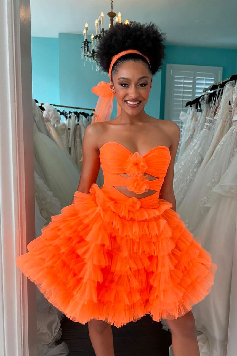 Strapless Orange Tulle Short Homecoming Dress with Ruffles BM bride
