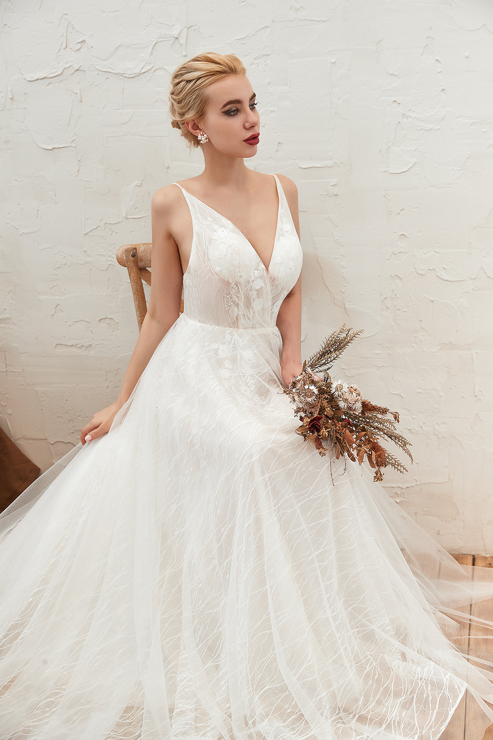 Classy A-Line Deep V-Neck Floor-Length Open Back Wedding Dress with Lace and Tulle BM bride