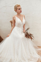 Classy A-Line Deep V-Neck Floor-Length Open Back Wedding Dress with Lace and Tulle BM bride