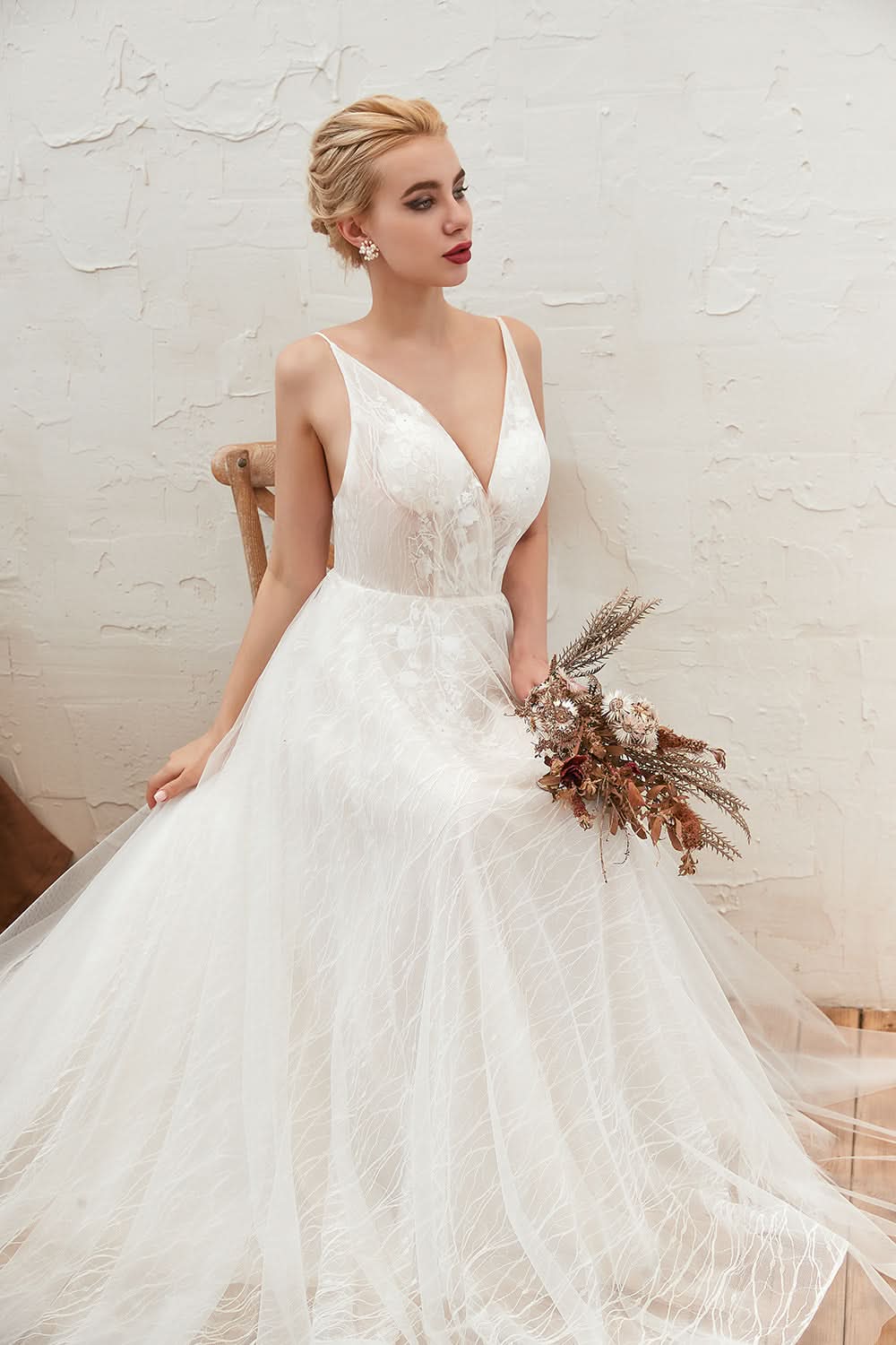 Classy A-Line Deep V-Neck Floor-Length Open Back Wedding Dress with Lace and Tulle BM bride