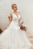 Classy A-Line Deep V-Neck Floor-Length Open Back Wedding Dress with Lace and Tulle BM bride
