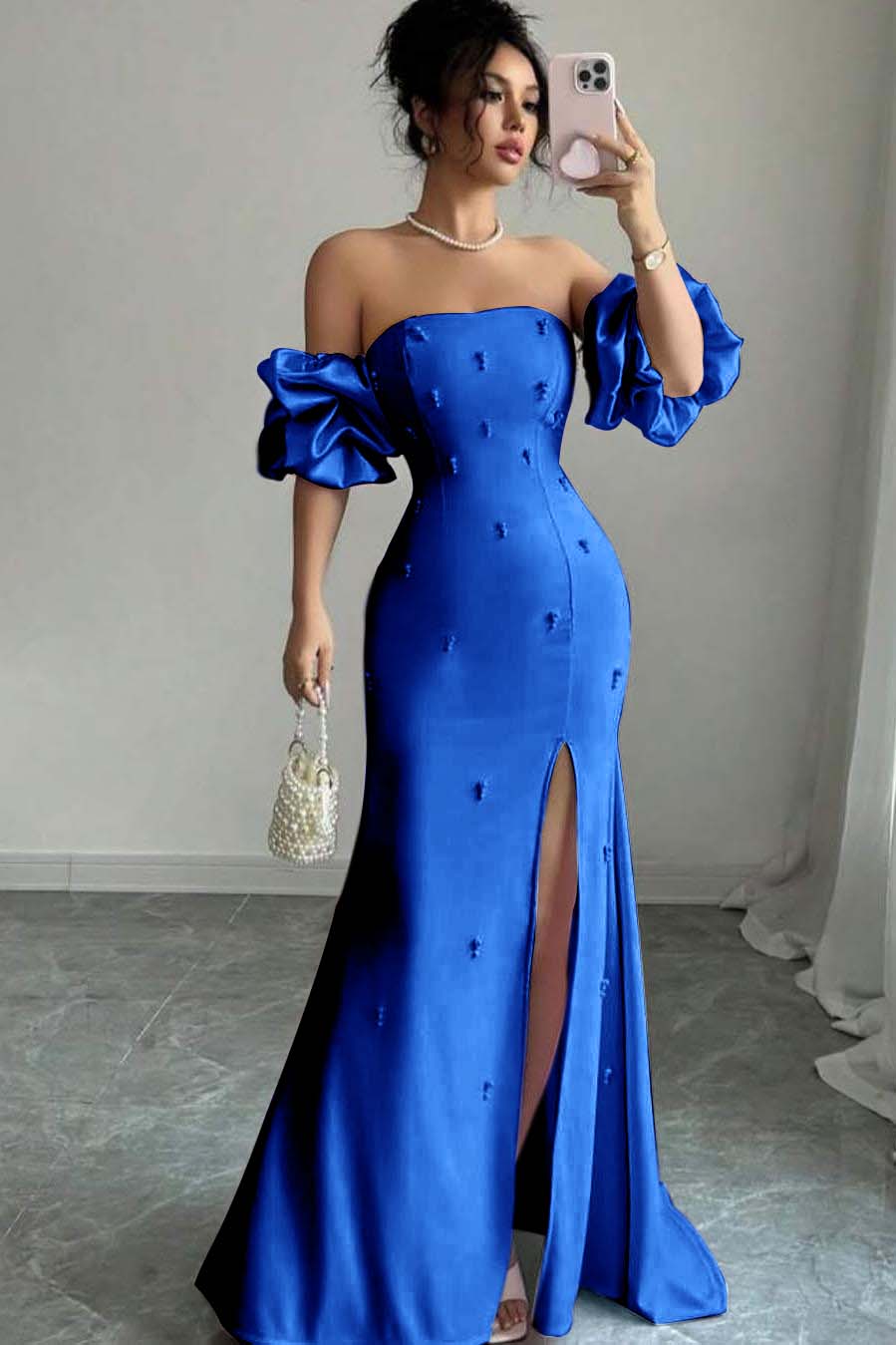 Strapless Bubble Sleeves Long Split Prom Dress With Beading BMBRIDE