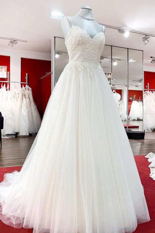Sweetheart Long A-Line Spaghetti Strap Wedding Dress with Tulle Lace BM bride