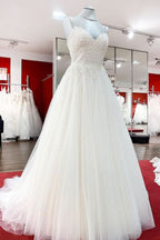 Sweetheart Long A-Line Spaghetti Strap Wedding Dress with Tulle Lace BM bride