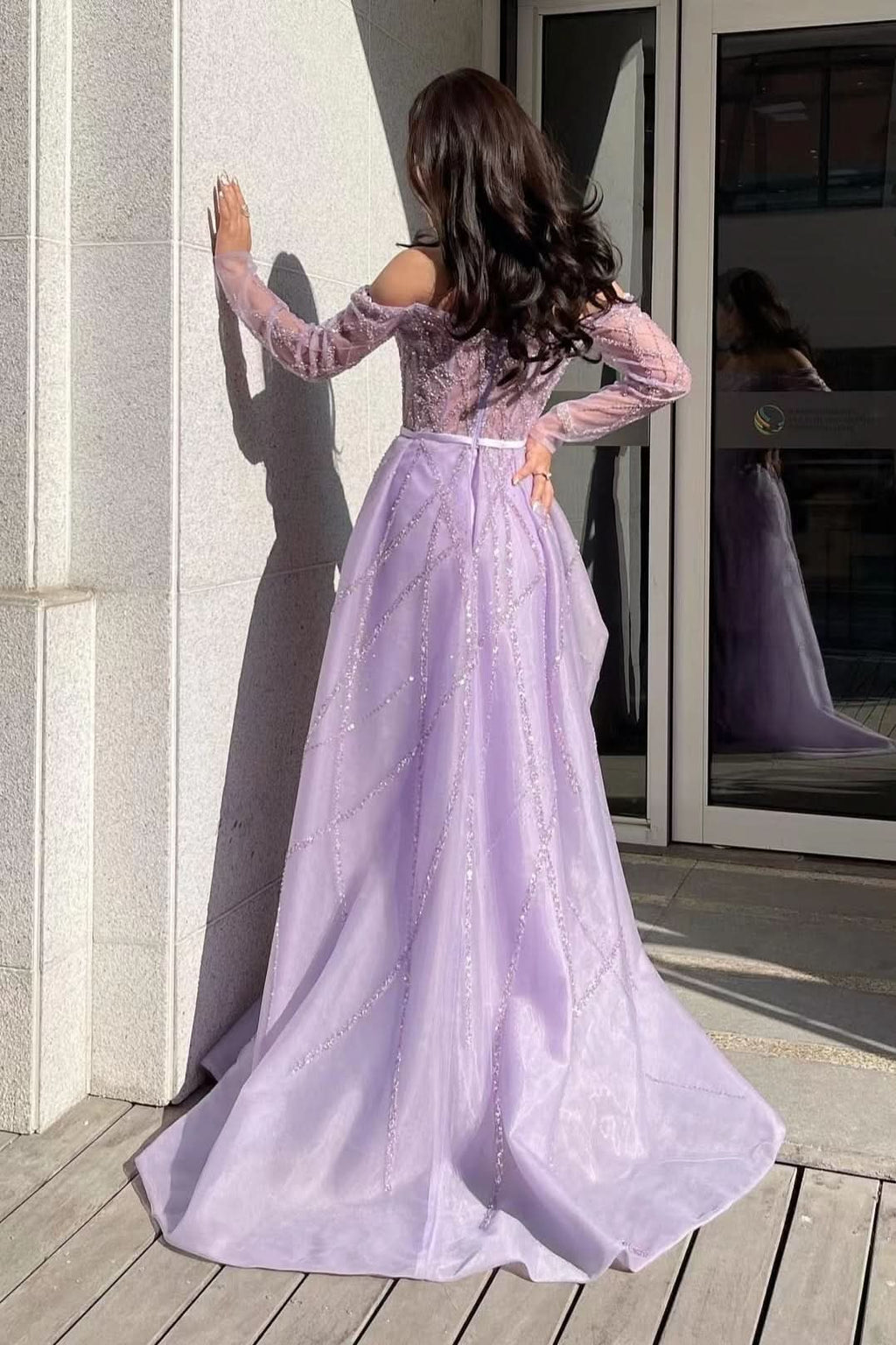 Lilac Off-the-Shoulder Long Sleeve Tulle Mermaid Prom Dress with Beads BM bride