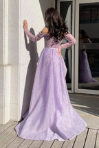 Lilac Off-the-Shoulder Long Sleeve Tulle Mermaid Prom Dress with Beads BM bride
